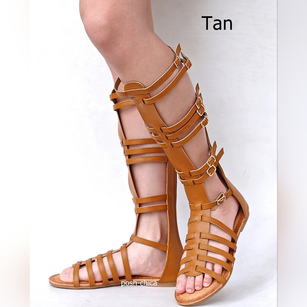 New Women's Tan Strappy Knee High Gladiator Sandals